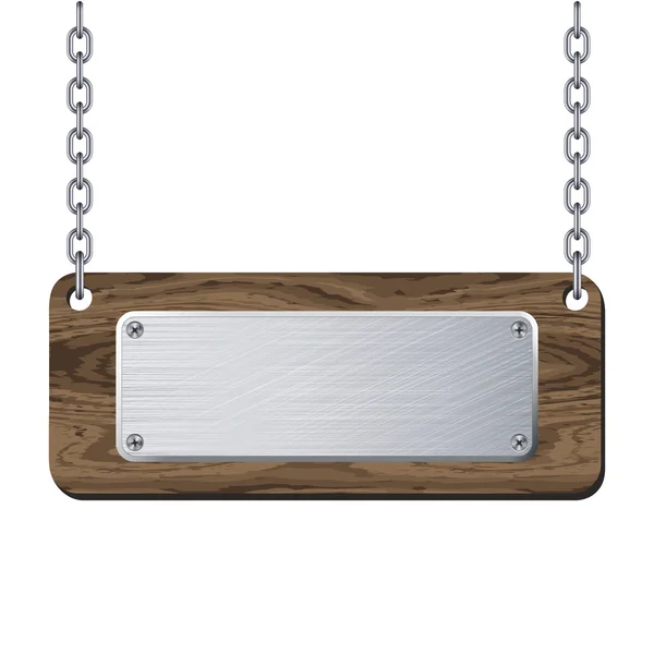 Placa de metal na prancha de madeira pendurada na corrente. Vector illustratio — Vetor de Stock