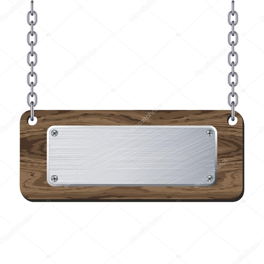 Metal plate on wooden plank hanging on chain. Vector illustratio