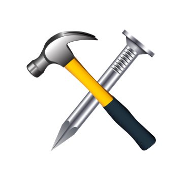 Çapraz çekiç ve beyaz arka plan üzerinde izole çivi. 