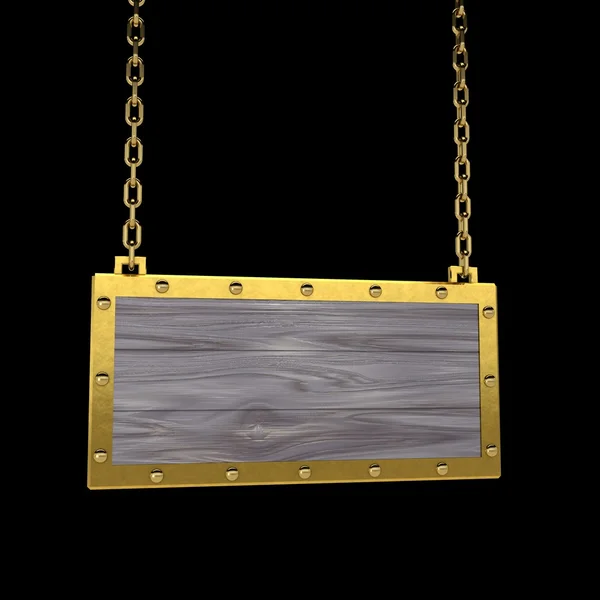 Blanco houten uithangbord met gouden rand opknoping op ketting. — Stockfoto