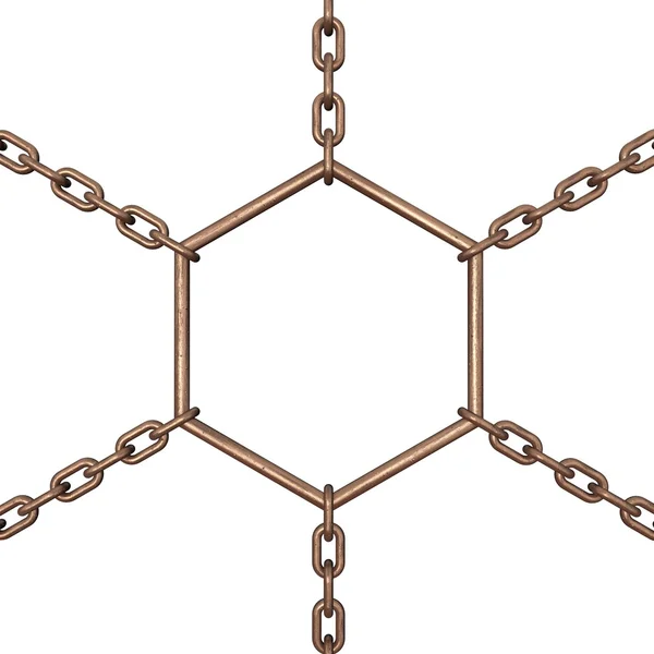 Metalliska hexagon hängande på kedjan isolerad på vit bakgrund. — Stockfoto