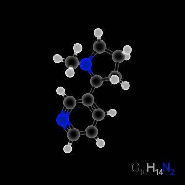 Nikotin modeli molekülü. Siyah arka planda izole edilmiş. 3 boyutlu canlandırma. Işık efekti.
