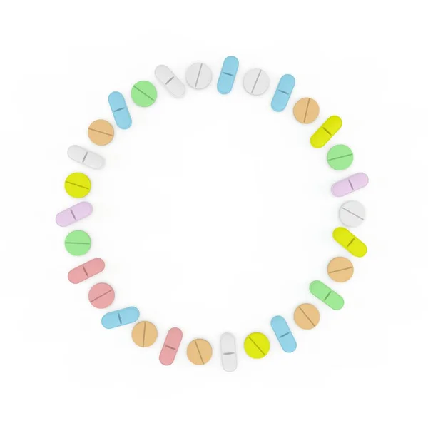 Rámec Barevných Pilulek Izolované Bílém Pozadí Circle Vykreslování Ilustrace — Stock fotografie