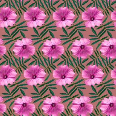 Pembe sardunya çiçekleri ve kırmızı arka planda yeşil yapraklı kusursuz desen. Sonsuz renkli çiçek desenli. Raster illüstrasyonu.