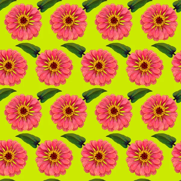 Бесшовный Узор Розовыми Цветами Zinnia Зелеными Листьями Желтом Фоне Бесконечная — стоковое фото