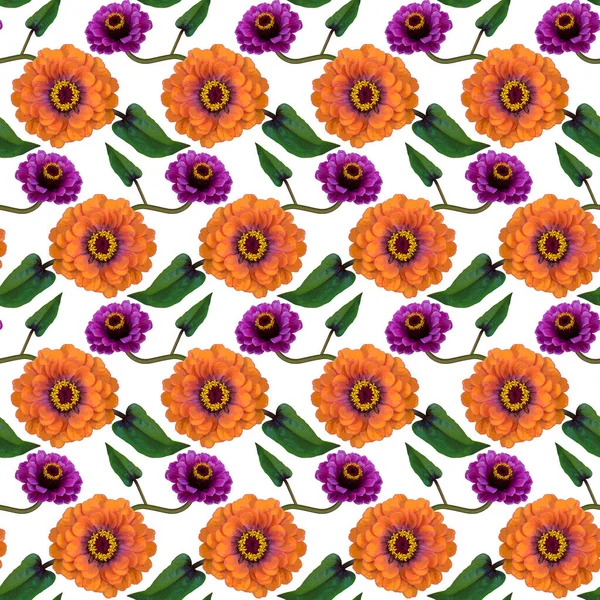 オレンジ 紫のジニアの花と白の背景に緑の葉でシームレスなパターン 無限のカラフルな花の質感 ラスターイラスト — ストック写真