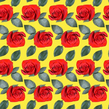 Kırmızı gül çiçekleri ve sarı arka planda yeşil yapraklı pürüzsüz desenler. Sonsuz renkli çiçek desenli. Raster illüstrasyonu.