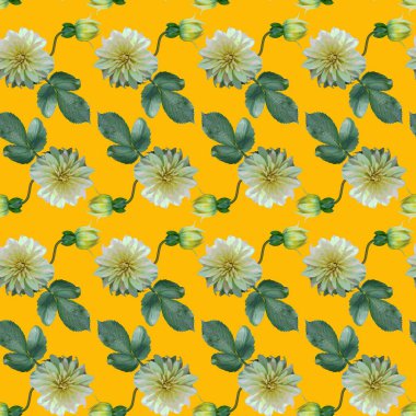 Beyaz Dahlia çiçekleri ve sarı arka planda yeşil yaprakları olan kusursuz bir desen. Sonsuz çiçek dokusu. Raster illüstrasyonu.