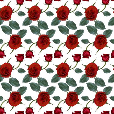 Kırmızı gül çiçekleri ve beyaz arka planda yeşil yapraklı pürüzsüz desenler. Sonsuz renkli çiçek desenli. Raster illüstrasyonu.