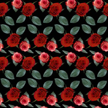 Kusursuz desenli, kırmızı, pembe gül çiçekleri ve siyah arka planda yeşil yapraklar. Sonsuz renkli çiçek desenli. Raster illüstrasyonu.