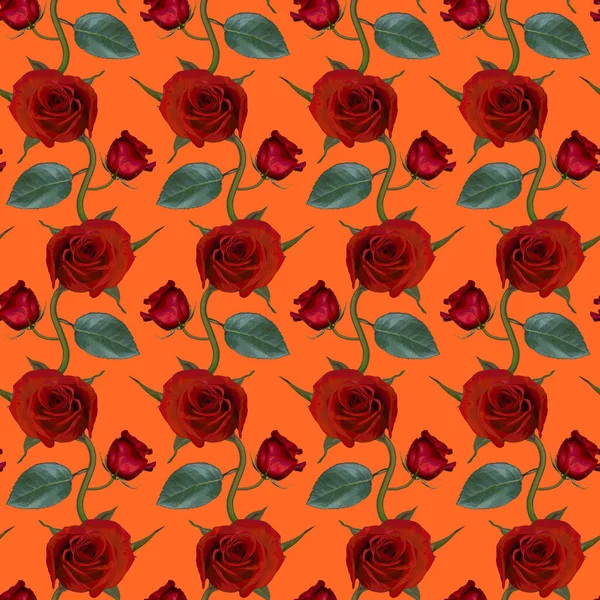 Bezproblémový Vzor Červenými Květy Růží Zelenými Listy Oranžovém Pozadí Nekonečná — Stock fotografie