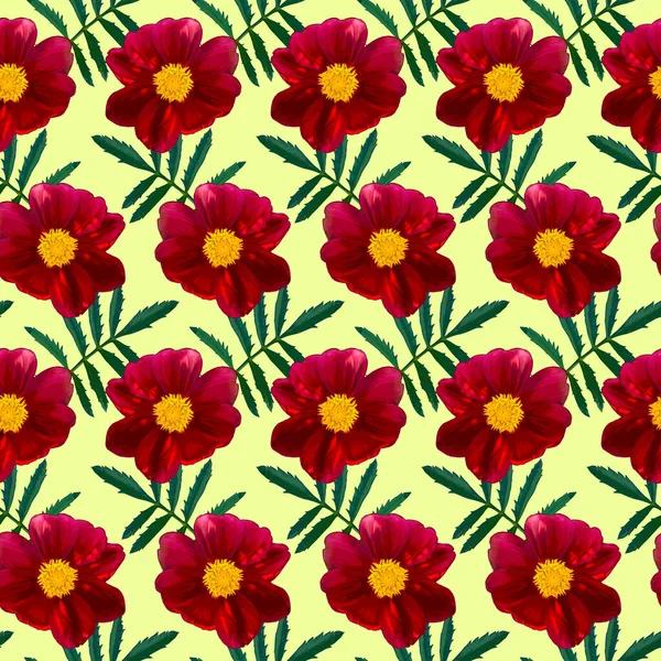 黄色の背景に赤いダリアの花や緑の葉とシームレスなパターン 無限の花の質感 ラスターカラフルなイラスト — ストック写真
