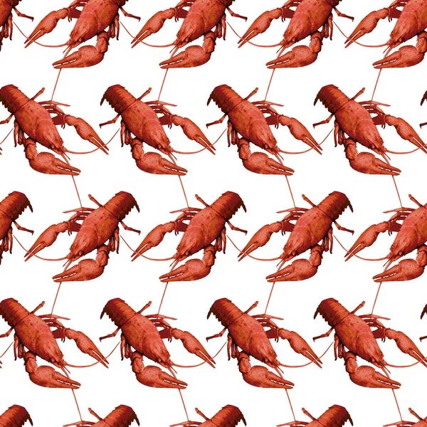 Seamless Pattern Red Crayfish White Background Endless Crawfish Texture Raster — Stock Photo, Image