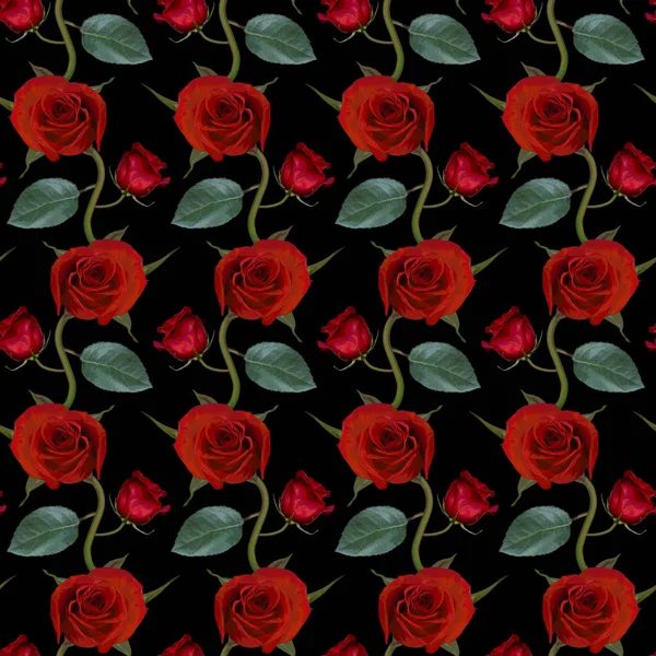 Seamless Pattern Red Rose Flowers Green Leaves Black Background Endless — Stock Photo, Image