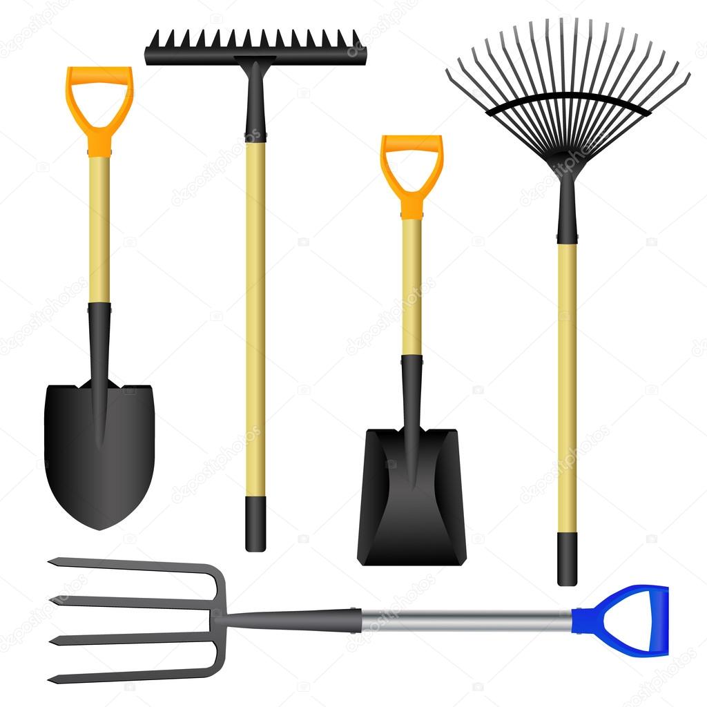 Rake, shovel, pitchfork set isolated.