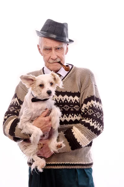 Ładny dziadek z pies siedzi na jego ręce. Obraz Stockowy