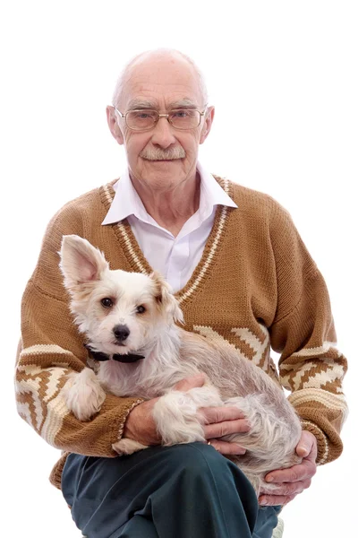 Ładny dziadek z pies siedzi na jego ręce. Obrazy Stockowe bez tantiem