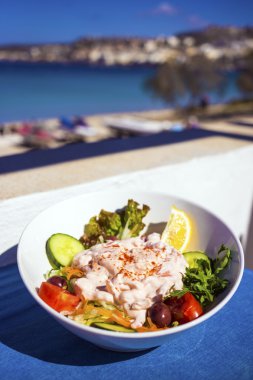 Taze karides salata beyaz kase karışık marul yaprakları, salatalık, domates limon ve mayonez sahilde