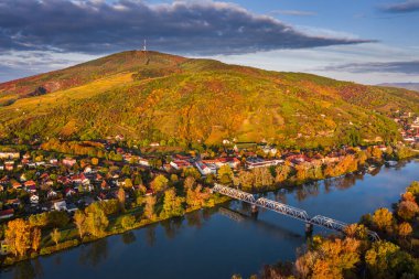 Tokaj, Macaristan - Sıcak bir sonbahar sabahında, şarap bölgesinin tepelerinde altın üzüm bağları bulunan küçük Tokaj kasabasının havadan panoramik manzarası. Tisza Nehri ve mavi gökyüzü ve bulutlar 