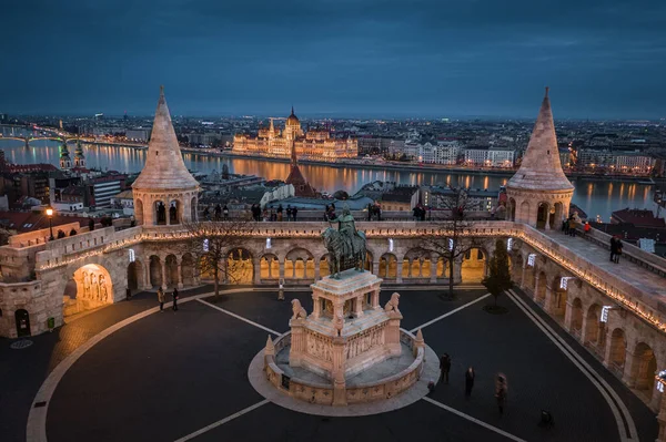 Budapest Hungary Aerial View Famous Fisherman Bastion Dusk Christmas Festive — Stock Photo, Image