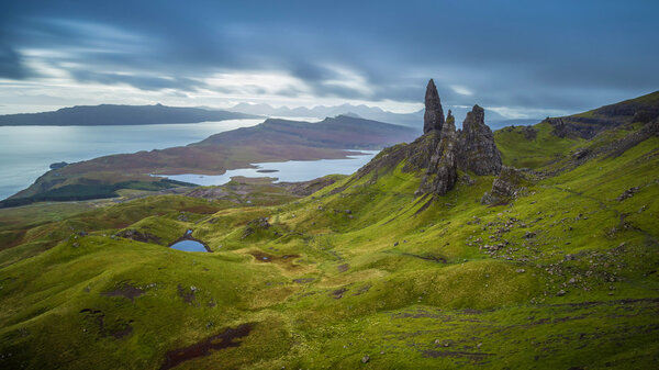 Old man of Storr, Scottish highlands in a cloudy morning, Scotland, UK