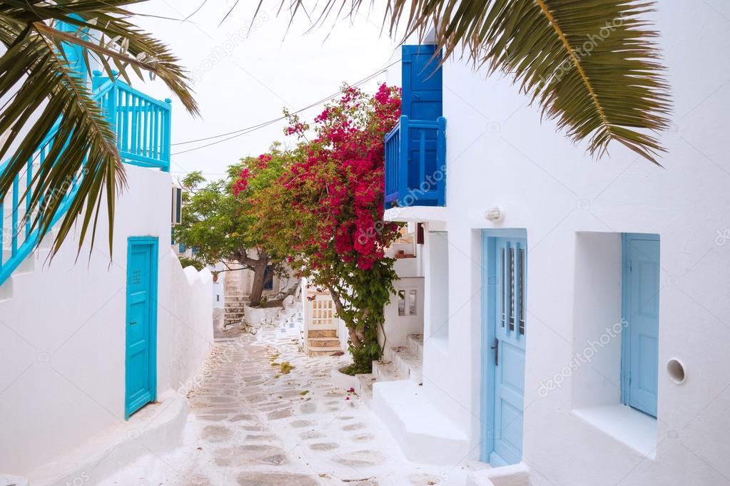 Streetview of Mykonos with palm leaves, Greece