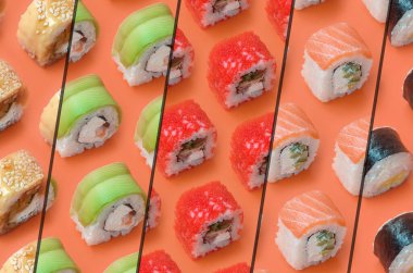 Turuncu arka planda farklı Asya suşi çeşitleri olan kolaj. Minimalizm üst görünüm düz Japon yemekleri ile yatıyordu