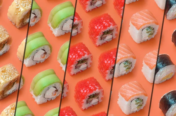 Collage Con Diferentes Tipos Rollos Sushi Asiático Sobre Fondo Naranja —  Fotos de Stock