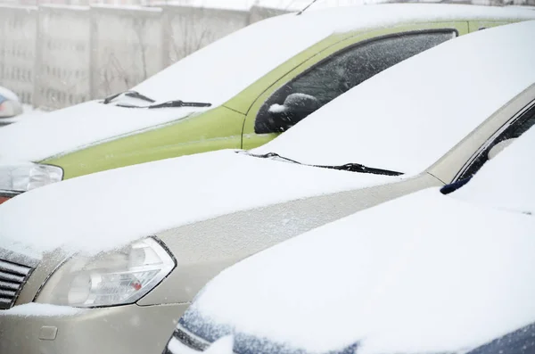 Fragments Parked Cars Covered White Snow — Stock Photo, Image