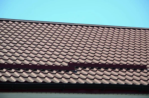 Fragment Roof Metal Tile Dark Red Color Quality Roofing Sample — Stock Photo, Image