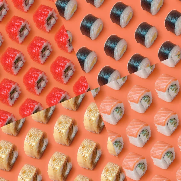Collage Met Verschillende Soorten Aziatische Sushi Rollen Oranje Achtergrond Close — Stockfoto