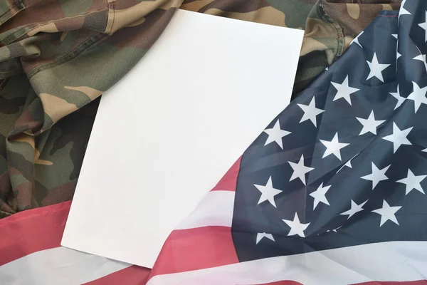 Blank Paper Lies United States America Flag Folded Military Uniform — Stock Photo, Image