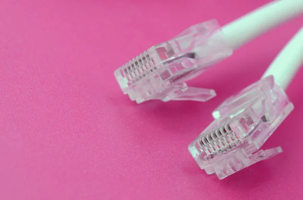 White Cord Connector Rj45 Bright Pink Background Network Ethernet Cable — Stock Photo, Image