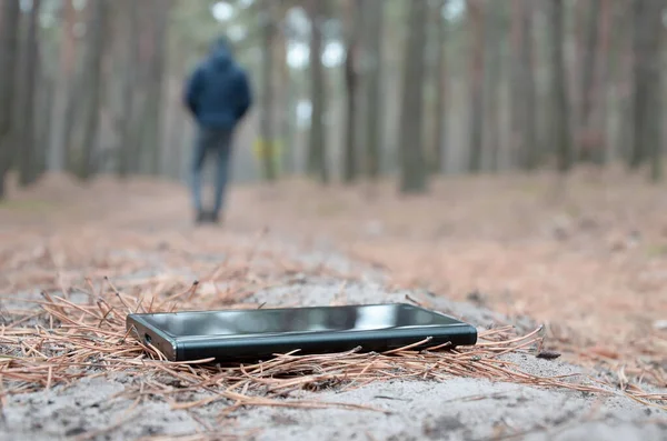 Young Boy Loses His Smartphone Russian Autumn Fir Wood Path — Stock Photo, Image