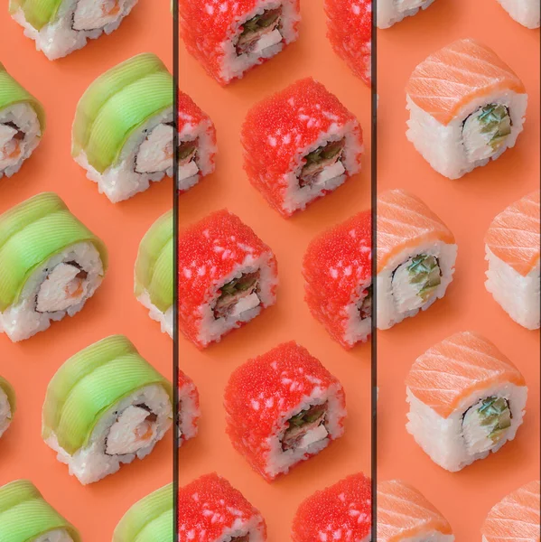 Collage Con Diferentes Tipos Rollos Sushi Asiático Sobre Fondo Naranja —  Fotos de Stock