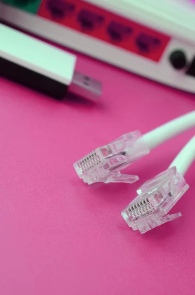 Internet router, portable USB wi-fi adapter and internet cable plugs lie on a bright pink background. Items required for internet connection