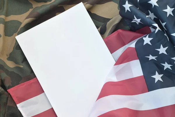 Blank Paper Lies United States America Flag Folded Military Uniform — Stock Photo, Image