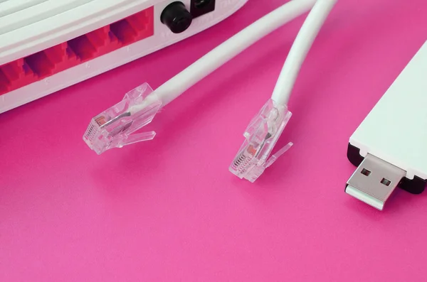 Internet router, portable USB wi-fi adapter and internet cable plugs lie on a bright pink background. Items required for internet connection