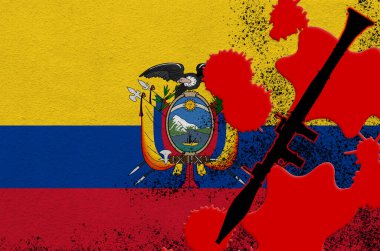 Ecuador flag and black RPG-7 rocket-propelled grenade launcher in red blood. Concept for terror attack or military operations with lethal outcome. Dangerous projectile weapon usage clipart