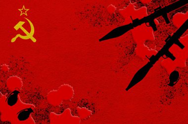 Sovyetler Birliği bayrağı ve kanlı el bombaları taşıyan roketatarlar. Terör saldırısı ve askeri operasyonlar kavramı. Silah kaçakçılığı