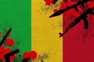 Mali flag and various weapons in red blood. Concept for terror attack and military operations with lethal outcome. Gun trafficking clipart