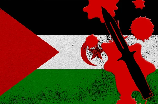 Bandera Del Sahara Occidental Cuchillo Táctico Negro Sangre Roja Concepto —  Fotos de Stock