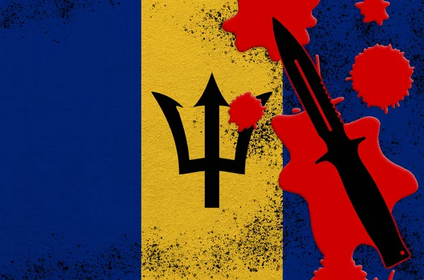 Barbados flag and black tactical knife in red blood. Concept for terror attack or military operations with lethal outcome. Dangerous melee weapon usage