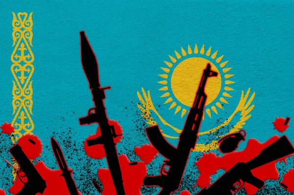 Drapeau Kazakhstan Diverses Armes Sang Rouge Concept Attaque Terroriste Opérations — Photo