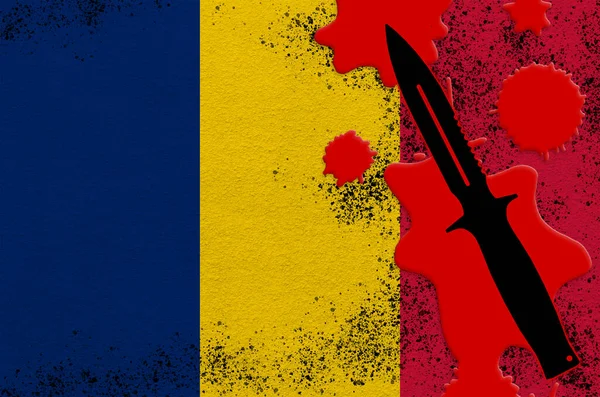 Chad Flag Black Tactical Knife Red Blood Concept Terror Attack — Stock Photo, Image