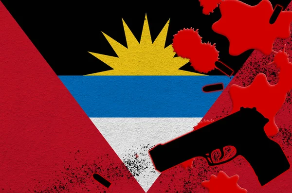 Antigua Barbuda Zászló Fekete Lőfegyver Vörös Vérrel Terrortámadás Vagy Halálos — Stock Fotó