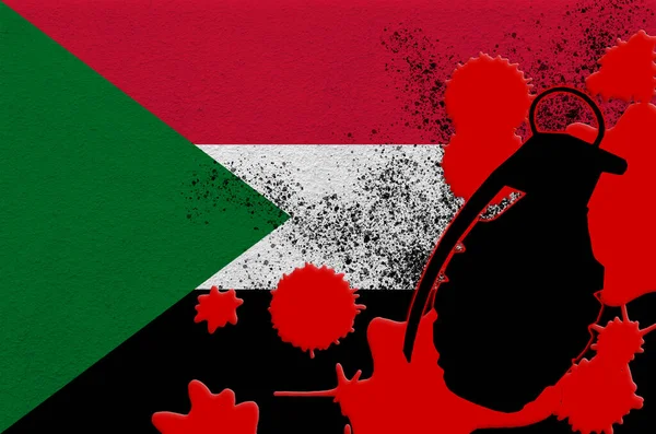 Bandeira Sudão Granada Mk2 Sangue Vermelho Conceito Para Ataque Terrorista — Fotografia de Stock