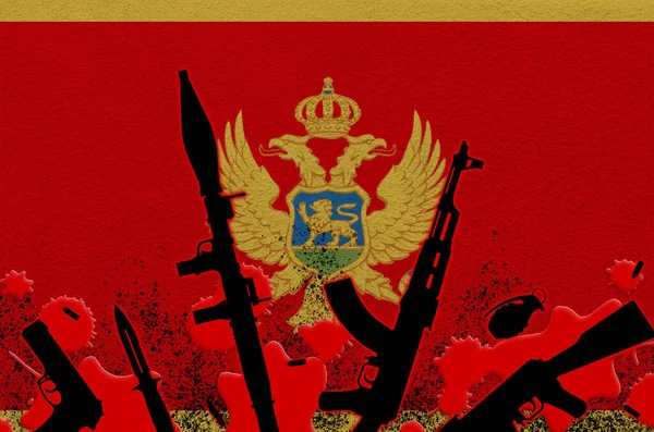 Черногорский Флаг Различные Виды Оружия Красной Крови Концепция Террористической Атаки — стоковое фото