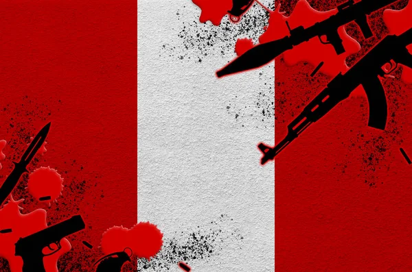 Peru Flagga Och Olika Vapen Rött Blod Begreppet Terrorattack Och — Stockfoto