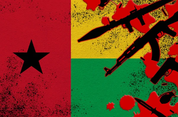 Guinea Bissau Flagge Und Verschiedene Waffen Rotem Blut Konzept Für — Stockfoto